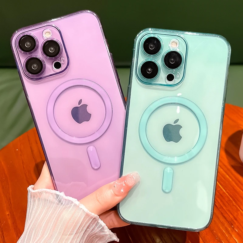 

Fashion Magnetic Wireless Charge Transparent Phone Case For iPhone14 13 12 11 Pro Max Plus Magnetic Lens Protection Bumper Cover