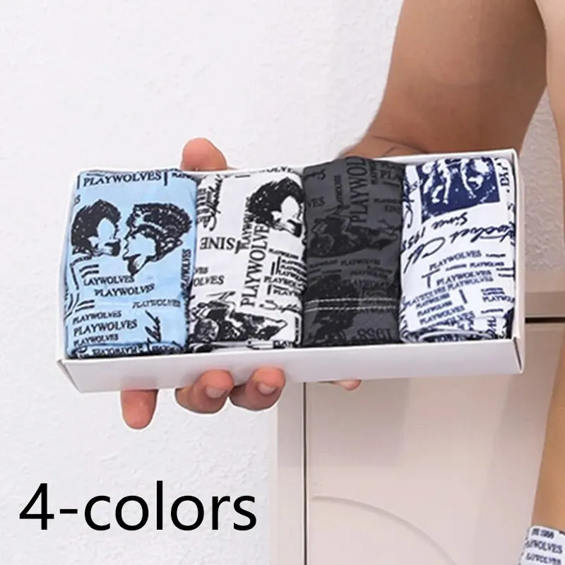 Men Printing Boxer Shorts Underpants Underwear XXL 3XL 4XL 4 Colors Mixing Sexy Soft Breathable Fashion Sports Casual 4 Pieces