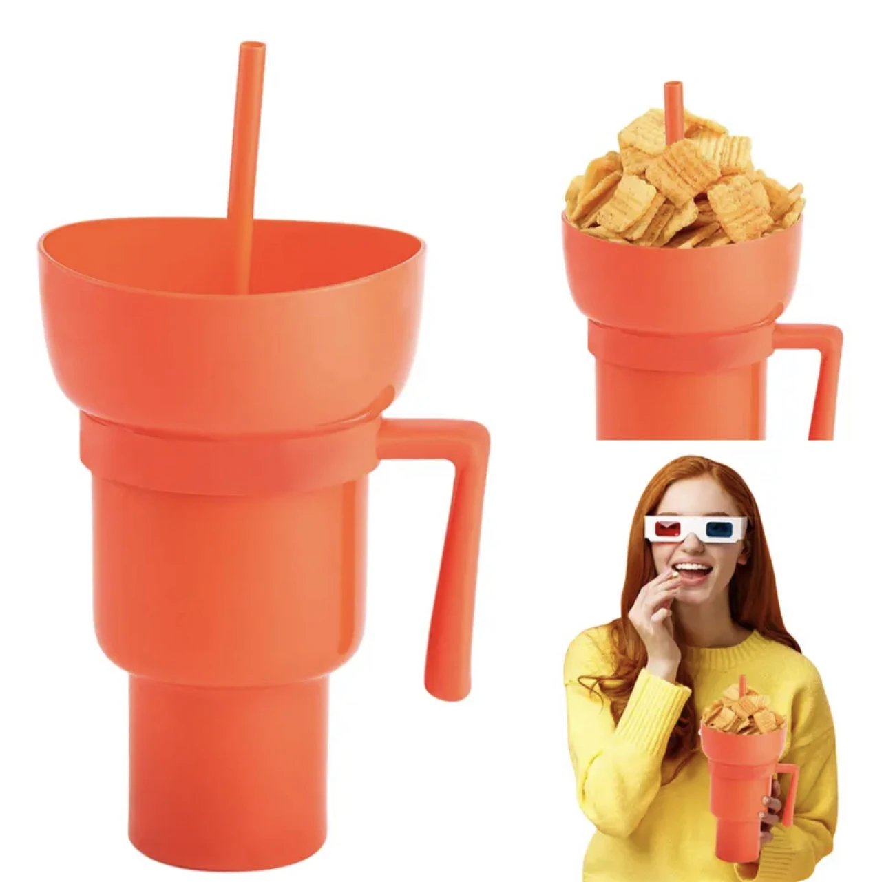 Innovative Dual-Function Popcorn Snack and Beverage Cup with Handle
