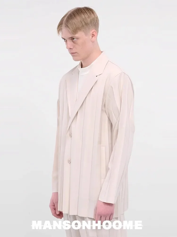 Miyake pleated men's casual suit suit simple solid color senior office Korean fashion men's jacket pants two-piece set 3