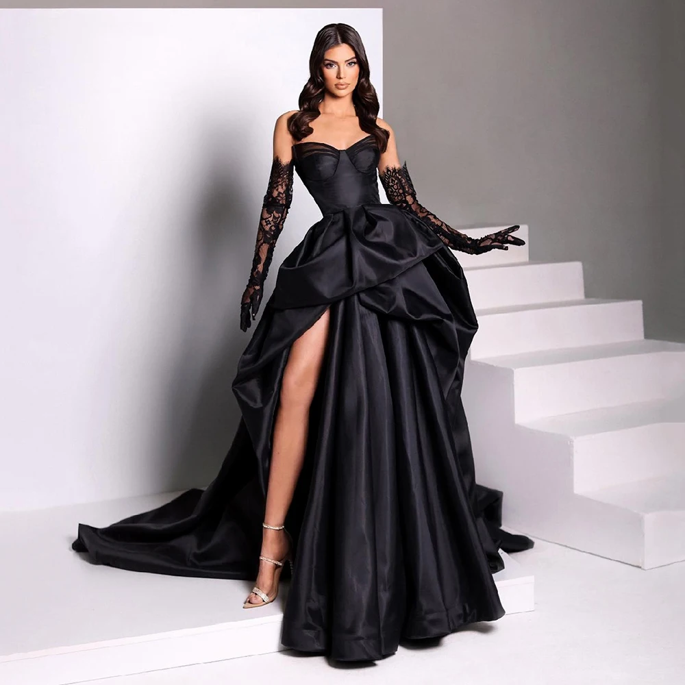 Sexy Zwarte Dames Satijnen Off Shoulder Prom Dress Side Slit Puff Jurk Avondjurk Prinses Sexy Cocktail Jurk Kant Lange Mouw