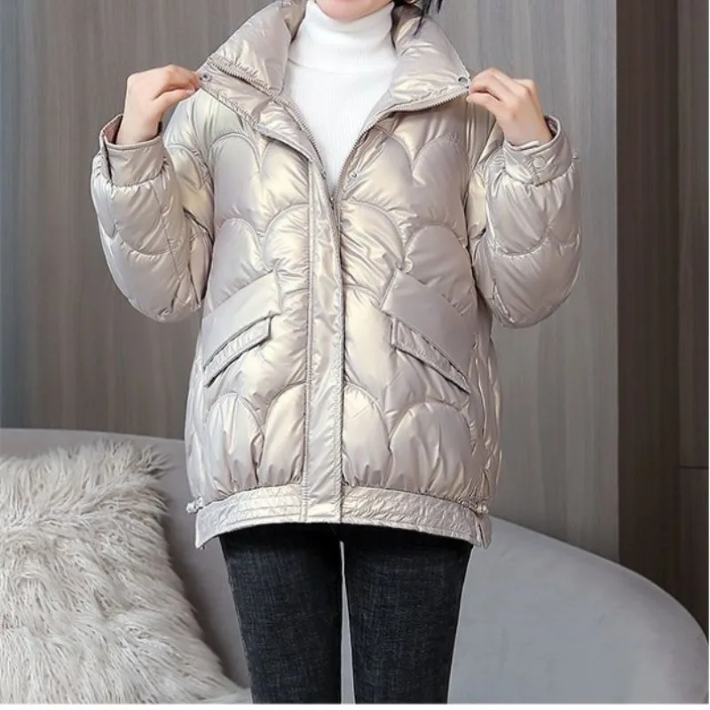Women's Autumn Winter New Fashion Elegant Solid Neck Zipper Button Pocket Casual Versatile Long Sleeve Loose Cotton Short Coat