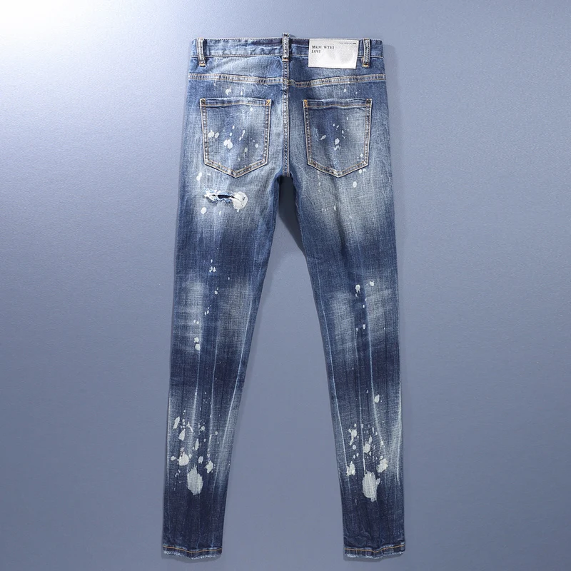 Street Fashion Men's Jeans Retro Blue Elastic Slim Fit Open Hole Jeans Men's Panel Designer Hip Hop Brand Versatile Men's Pants