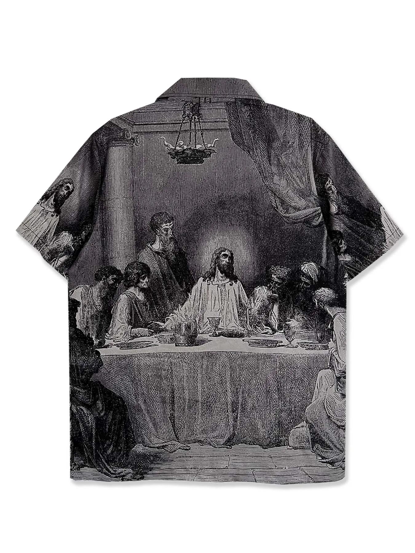Men's Retro Religious Dinner Pattern Print Short Sleeve Lapel Shirt Top, Male Casual Button Up Shirt For Summer Daily Wear 2