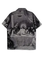 Men's Retro Religious Dinner Pattern Print Short Sleeve Lapel Shirt Top, Male Casual Button Up Shirt For Summer Daily Wear 2