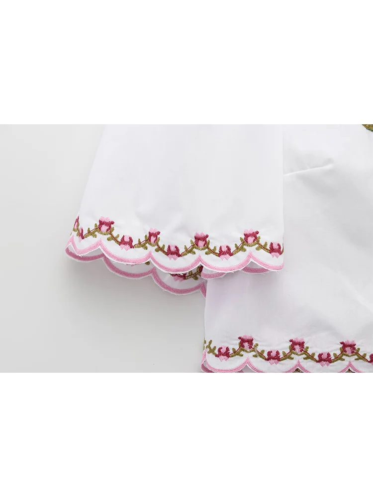 TFMLN Embroidery Shirts Blouses For Womens Summer Lace Up Round Neck Short Top Loose Short Sleeve Casual Shirt Retro Style