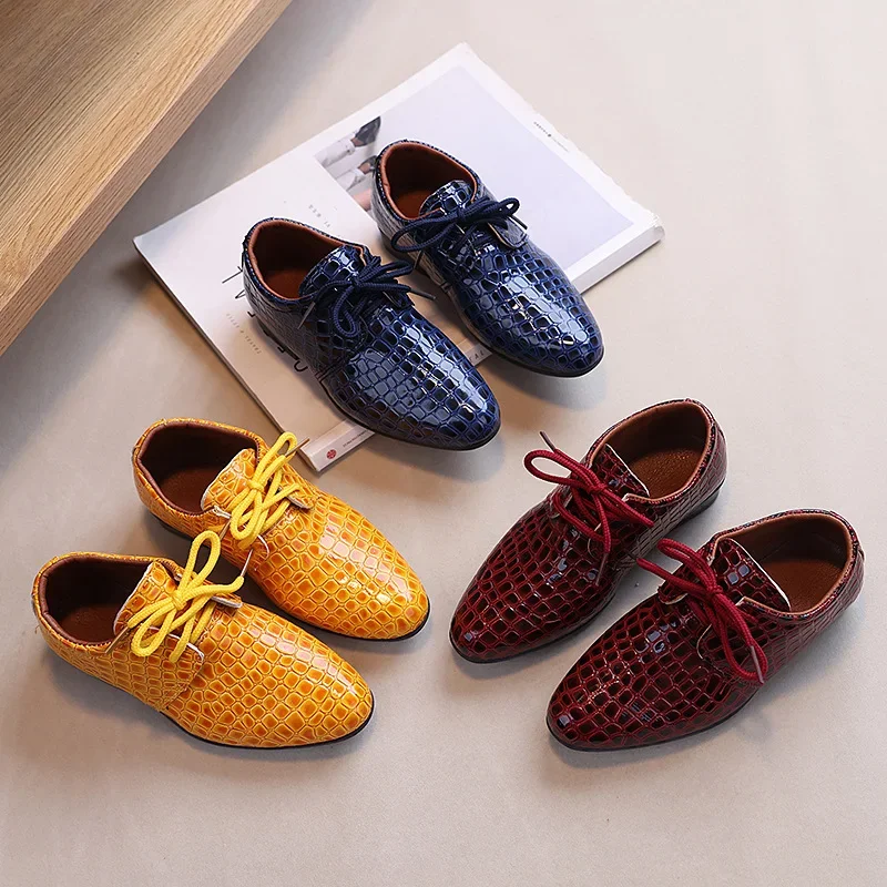 Boys Leather Shoes Spring Autumn Children's Flats Fashion British Style Lace-up Pointed Toe Kid School Uniform Performance Shoes