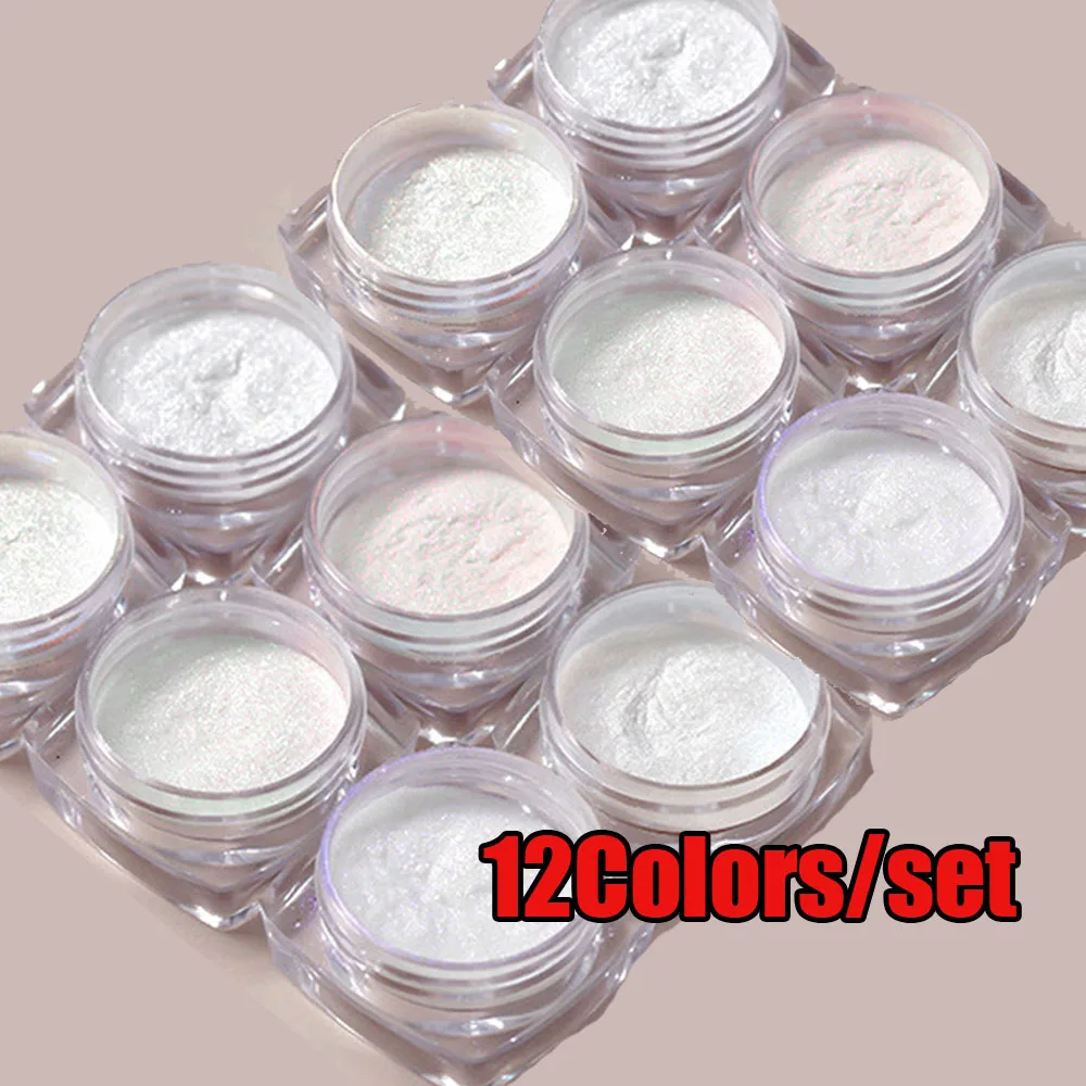 12Colors/set Aurora Shimmer Nail Mirror Powder Net1-2g*12jars Moonlight White Aurora Chrome Powder DIY Shell Rubbing Dust nail powder