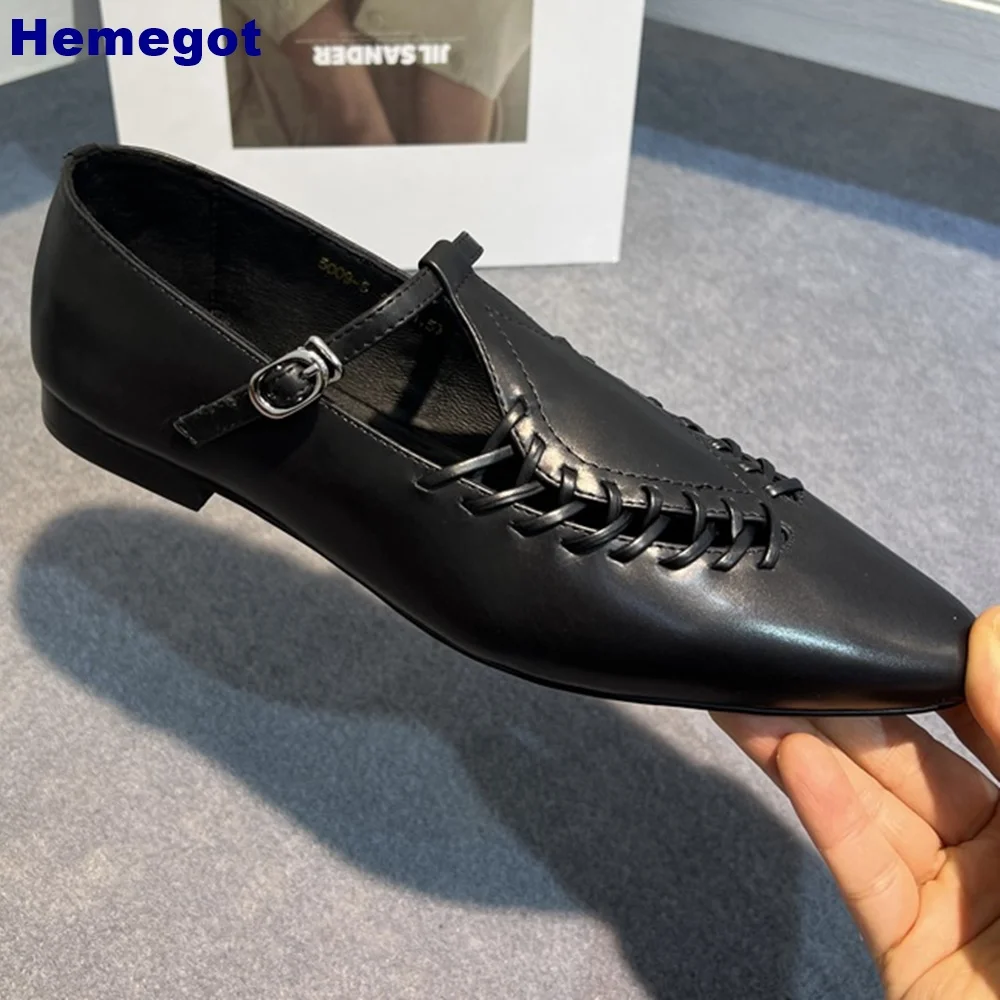 Pointed Toe Woven Leather Roman Shoes 2024 Summer Casual Shallow Buckle Comfort Flat Shoes Black Fashion Women Pumps