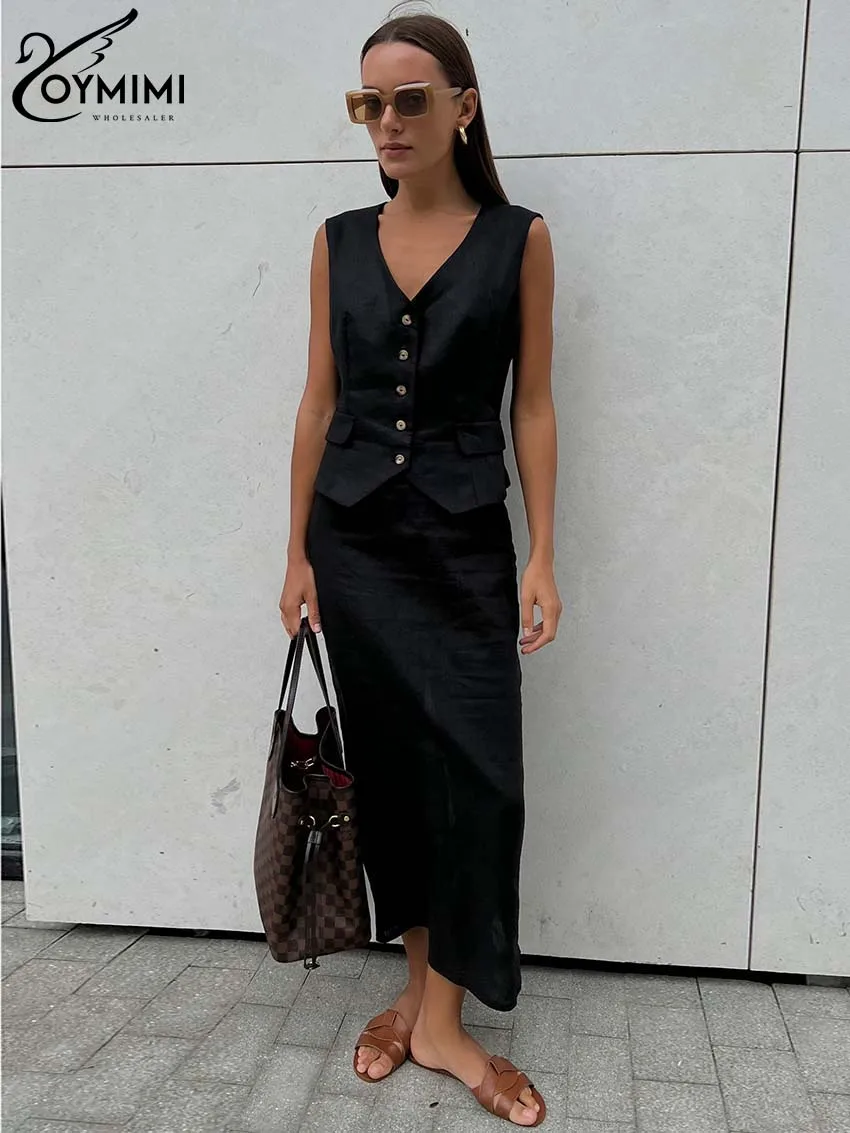 Oymimi Casual Black Cotton Hemp Sets Womens 2 Piece Casual V-Neck Sleeveless Tank Tops And Simple Straight Skirts Set Streetwear