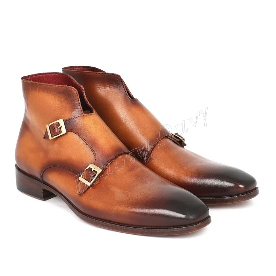 

Brown Belt Decor Men Boots Shoes Round Toe Men's Dress Shoes Cow Leather Mixed Color High Quality Big Size Zapatillas Mujer