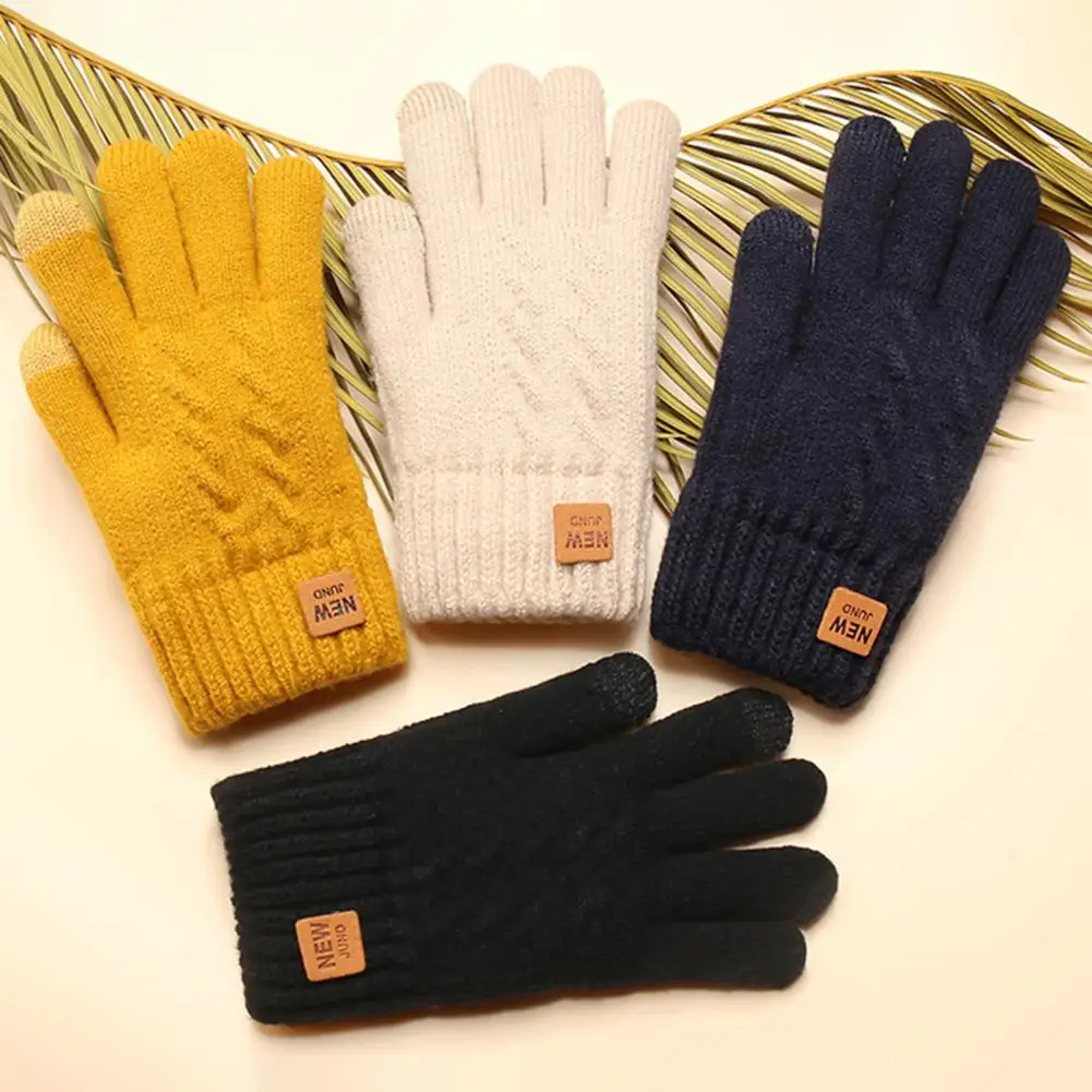 

1 Pair Women Winter Knitting Gloves Loge Pattern Double Layer Thickened Cuffs Gloves Touch Screen Fleece Lining Gloves