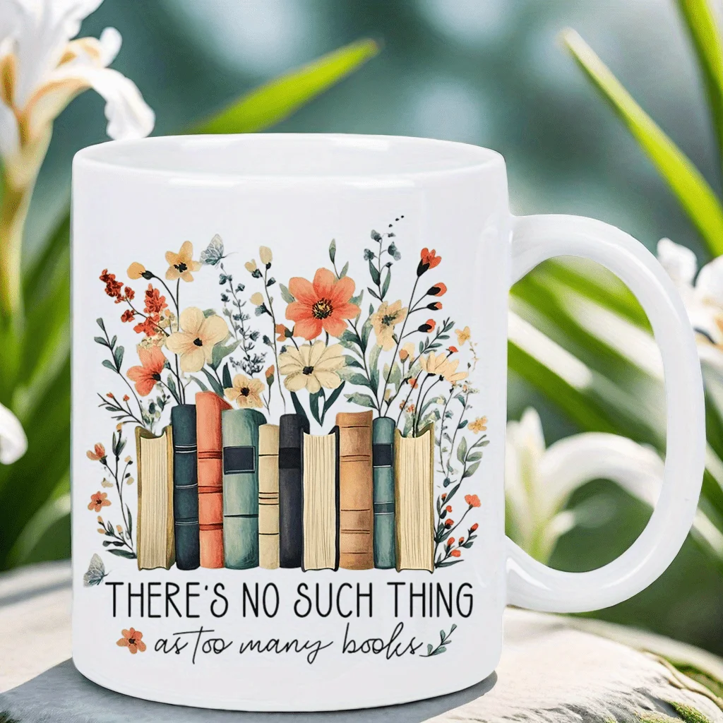 Keramikbecher-Bücherregal & Zitat „Es gibt nie zu viele Bücher“ – Weiße Kaffeetasse mit mehrfarbigem Blumenmuster_voghion.com