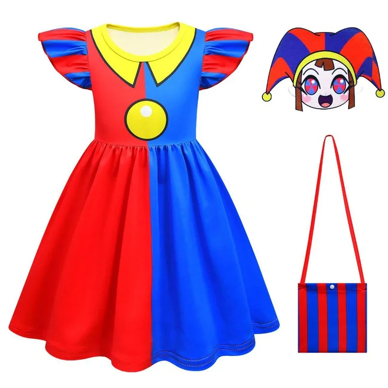 The Amazing Digital Circus Pomni Kids Cosplay Costume Girls Princess Dress Bag Mask Children Halloween Cartoon Summer Dress