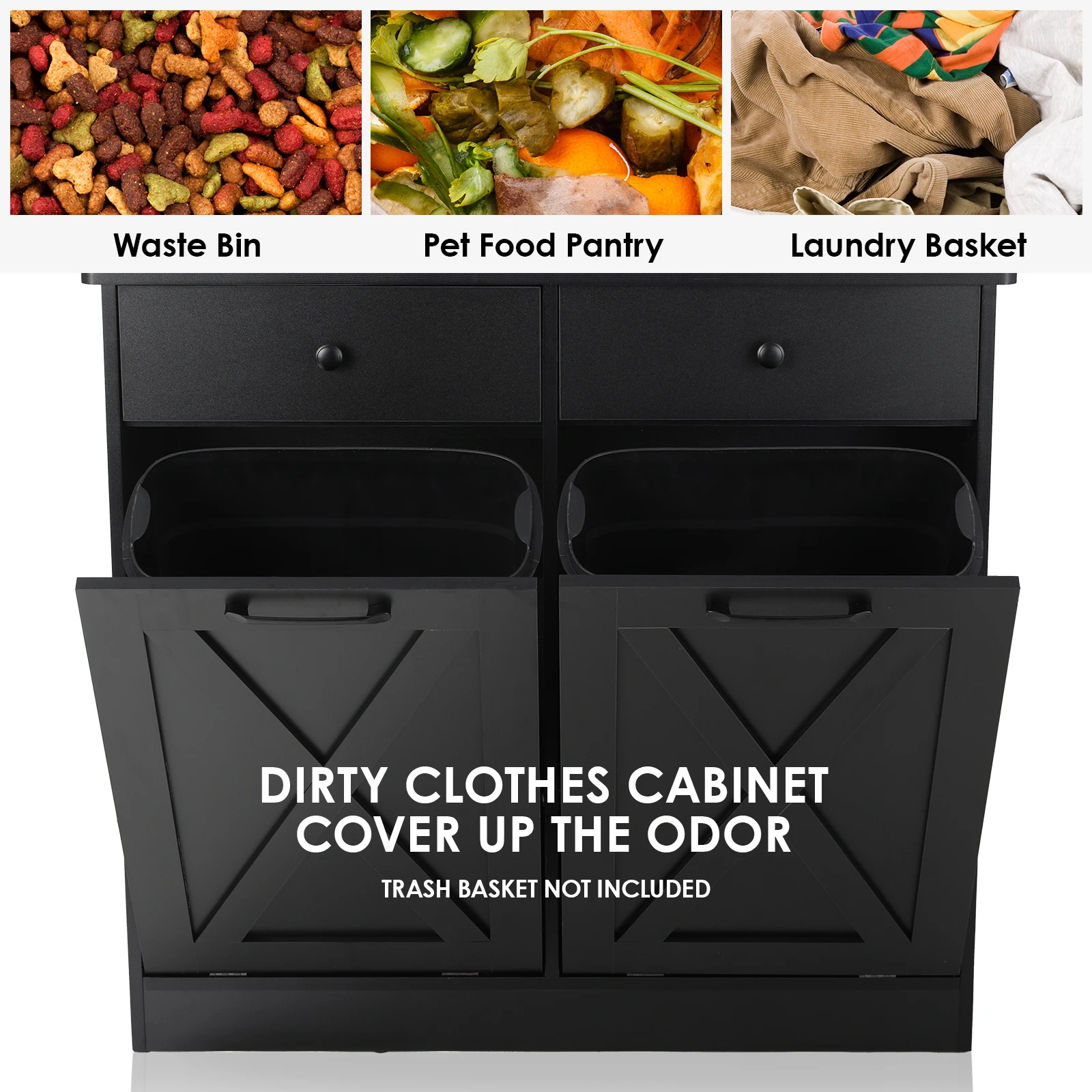 Dual Tilt Out Trash&Storage Cabinet, Kitchen Sideboard Cupboard 10X2 Gal Hidden Garbage Holder Freestand Laundry Sort Cabinet