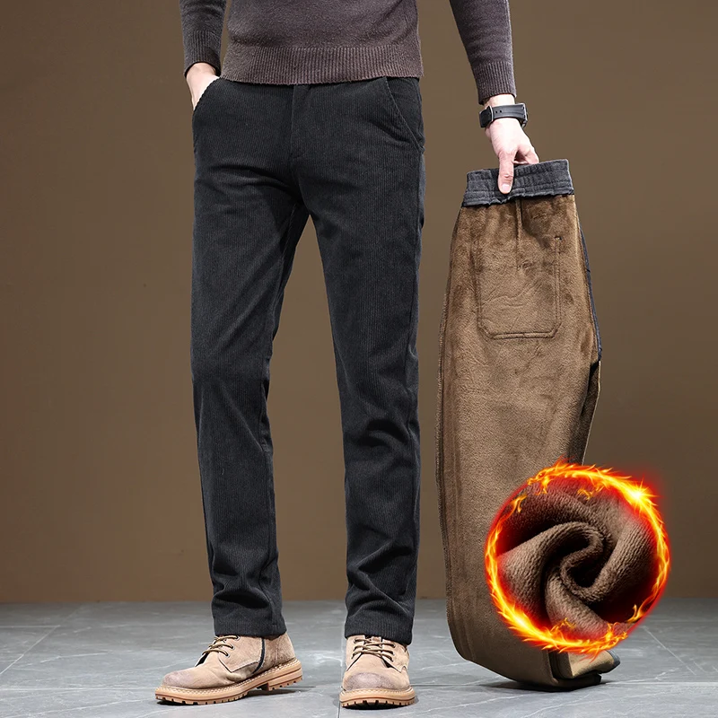 Men Corduroy Pants Winter Fleece Warm Slim Fit Stretch Thicken Casual Trousers