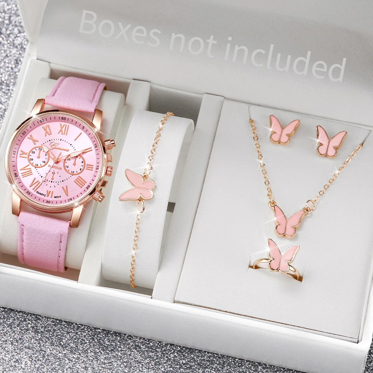 5/6PCS Fashion Women's Quartz Watch Leather Band Analog Wrist Watches Heart Rhinestone Jewelry Set(Without Box) 4