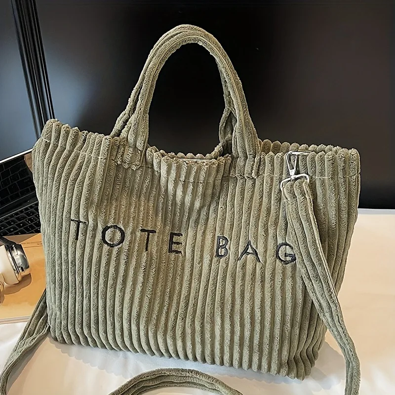 New Style Striped Velvet Handbag Women Shoulder Bag, Large Capacity Crossbody Bags, Versatile Letter Corduroy Women's Tote Bag