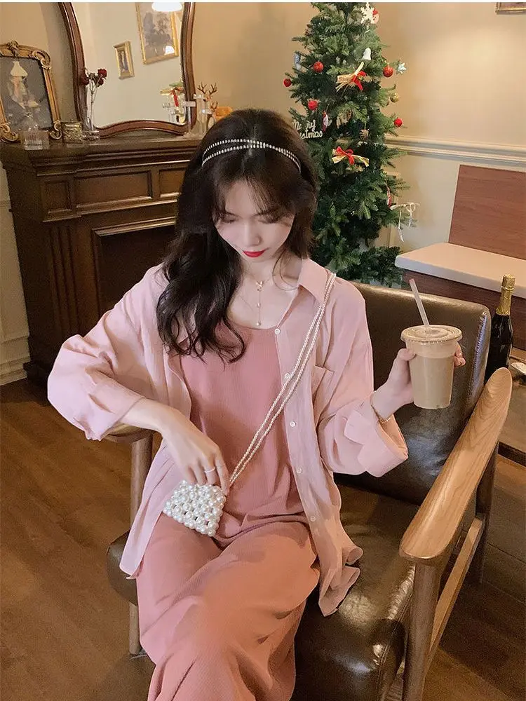 Double Shoulder Strap Design Suspender Skirt Outer Tower Sun Protection Shirt Two-piece Set Versatile and Elegant Long Skirt