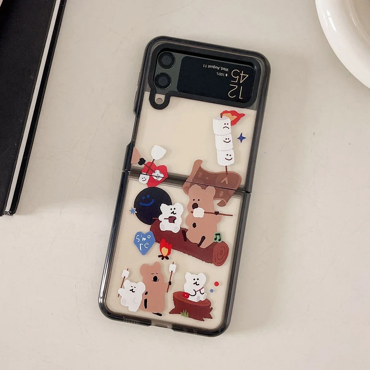 

Acrylic Black Border Bear Phone Case for Samsung Galaxy Z Flip 5 4 3 Back Cover for ZFlip3 ZFlip4 ZFlip5 Hard Case Shell