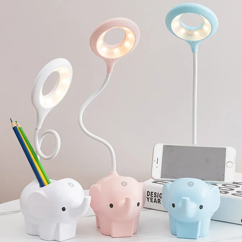 

USB Rechargeable Study Reading Light For Kids Bedside Office Cute Elephant LED Desk Lamp Touch Control Dimming Table Night Lamp