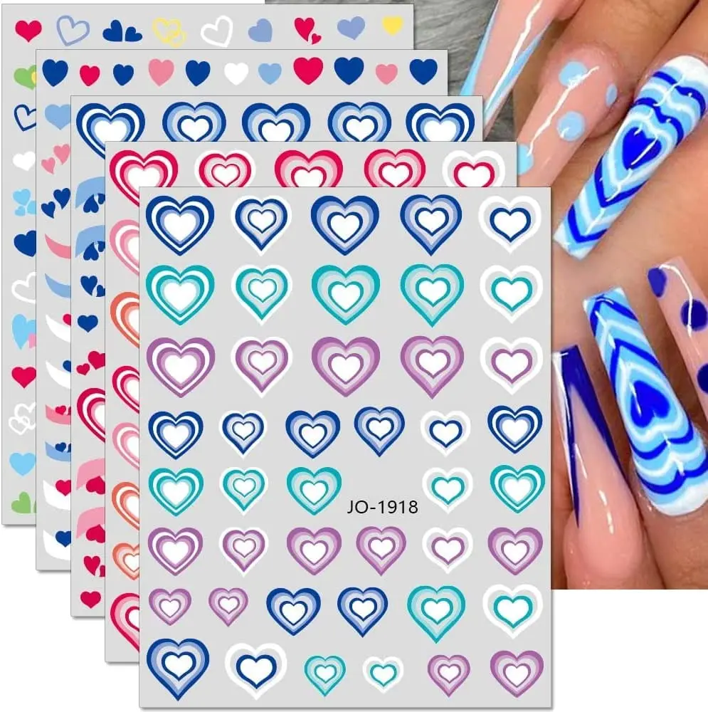 6SheetsGradientBloomingHeartNailStickers3DLoveHeartNail