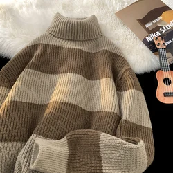 2024 Spring Men Streetwear Sweater New Retro Stripe Loose Sleeve Turtleneck Knitwear Outwear