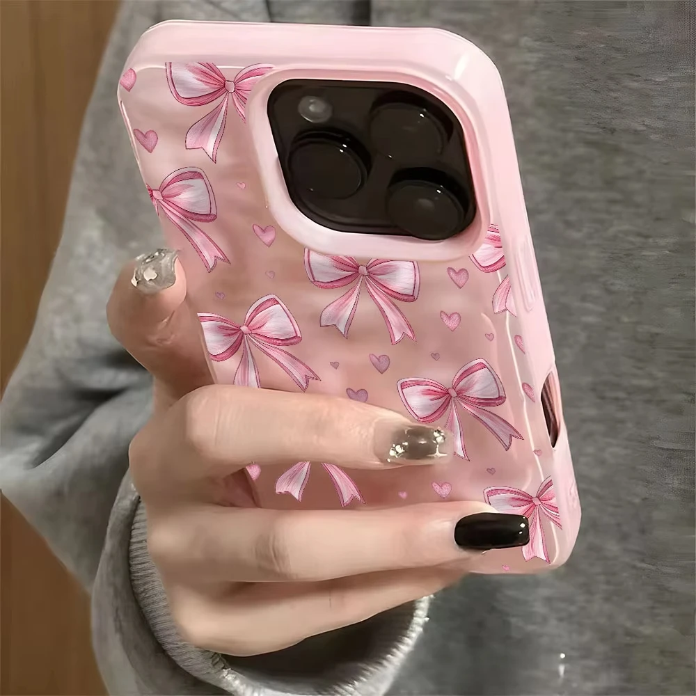 Elegant Pink Bow Heart Pattern Wave Texture Phone Case - Soft Back Cover