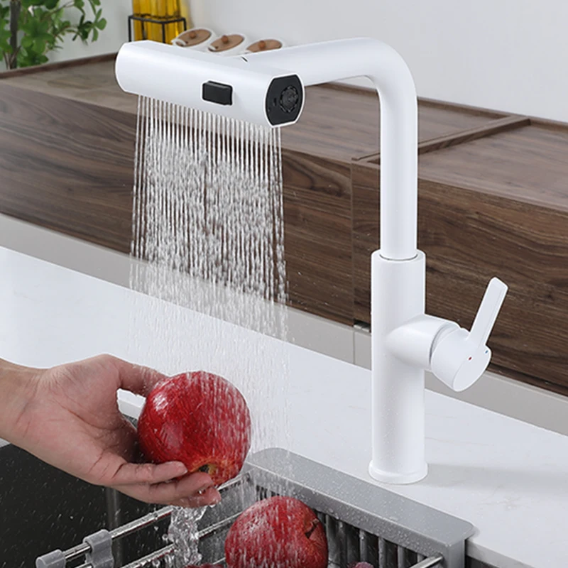 3 Modes Waterfall Kitchen Faucet Pull Out Stream Sprayer Hot Cold Single Hole Deck Mounted Water Sink Mixer Wash Tap For Kitchen