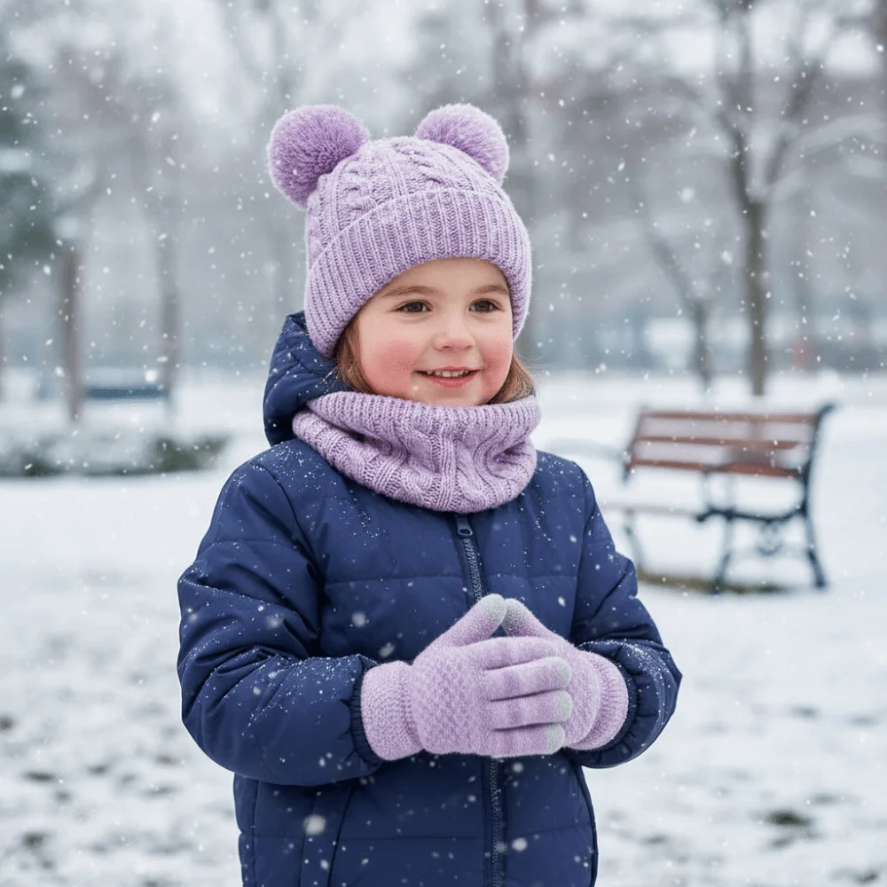 Cute Pompom Baby Hat Scarf Gloves Set Warm Ears Keep Warm Toddler Knitted Hats Thickened with Velvet Hat Set Boys