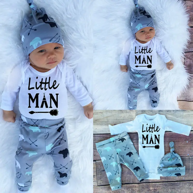 

Baby Boy Clothes Set Letter Romper Bodysuit Jumpsuit Bear Print Pants Beanie Hat 0-18M Newborn Infant Toddler Spring Fall Outfit