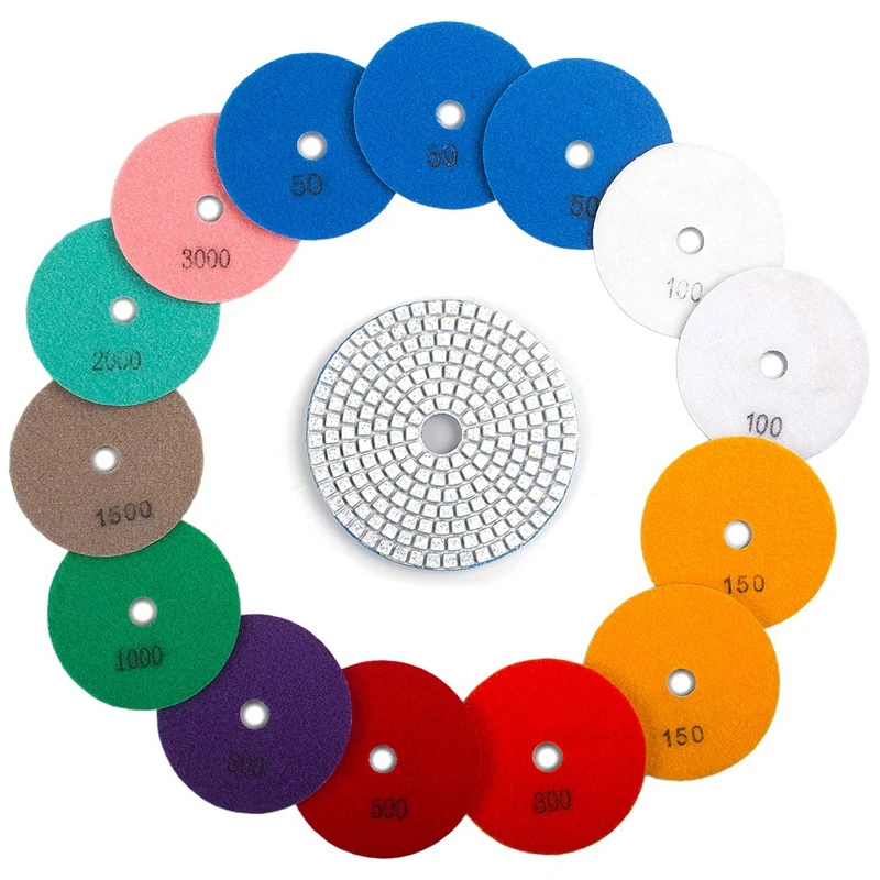 15Pcs 4Inch Wet Diamond Polishing Pads Set 50 To 3000 Grit Hook And