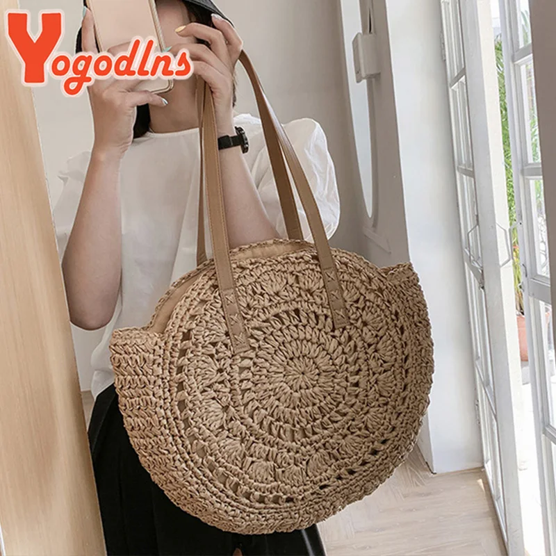 Yogodlns Summer Round Straw Bag For Women Hollow Woven Travel Beach Bag Large Capacity Shoulder Bag Casual Shopping Handbag Tote