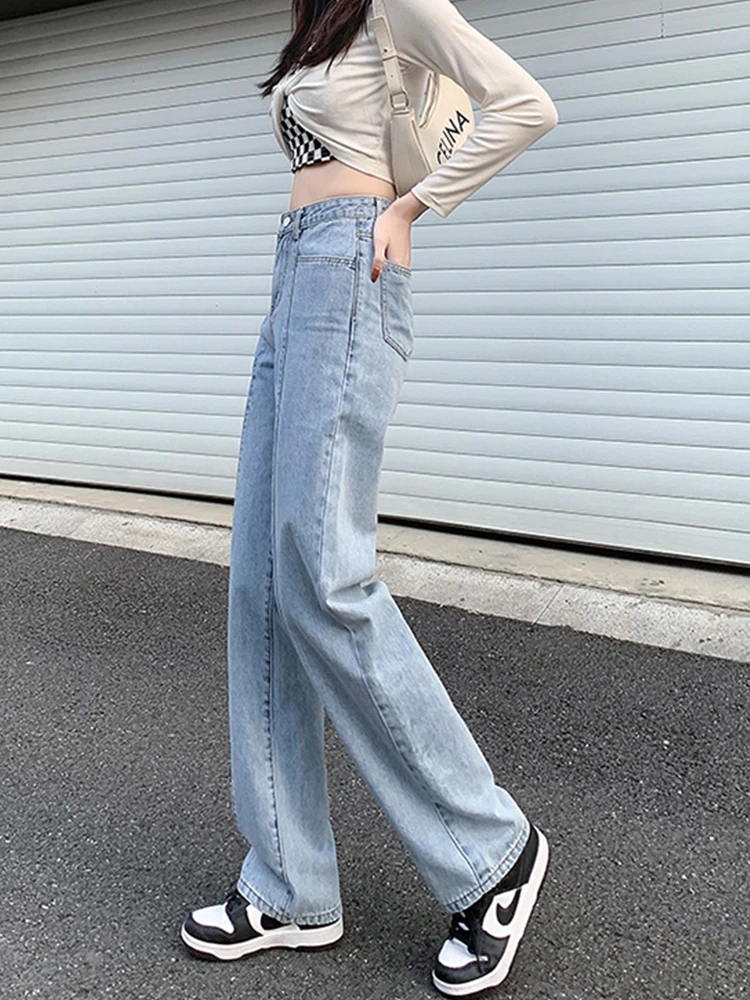 Yitimoky High Waisted Jeans for Women Pant Wide Leg Pants Elastic Fashion Spring 2022 Mom Jeans Woman Students Straight Pants brown jeans Jeans