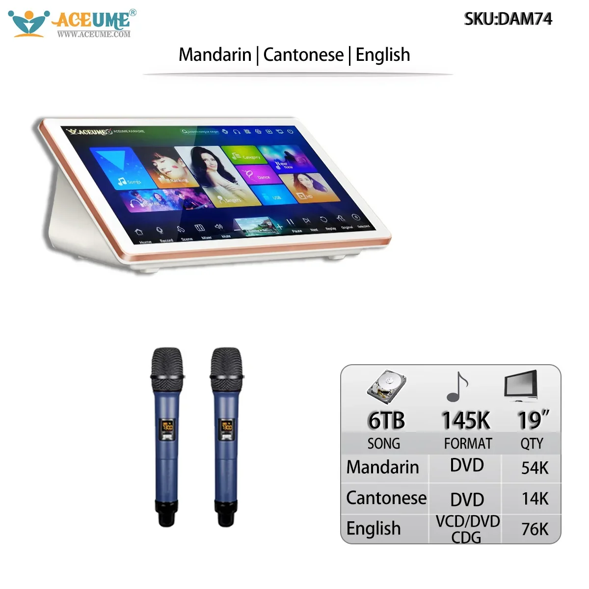 6TB HDD 145K Chinese English Cantonese Songs 19" Touch Screen Karaoke Player
