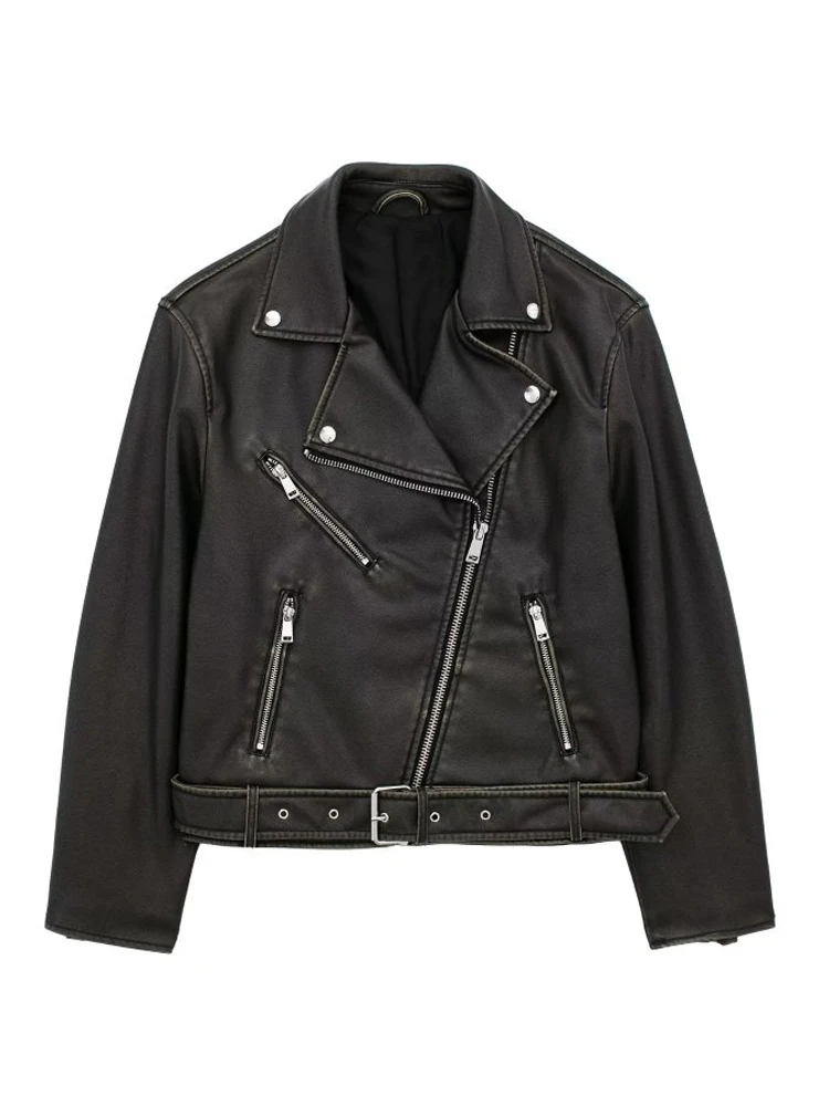 

KJMYYX Women Vintage Loose Pu Faux Leather Short Jackets with Belt Streetwear Tops Female Zipper Retro Motor Biker Coats Outwear