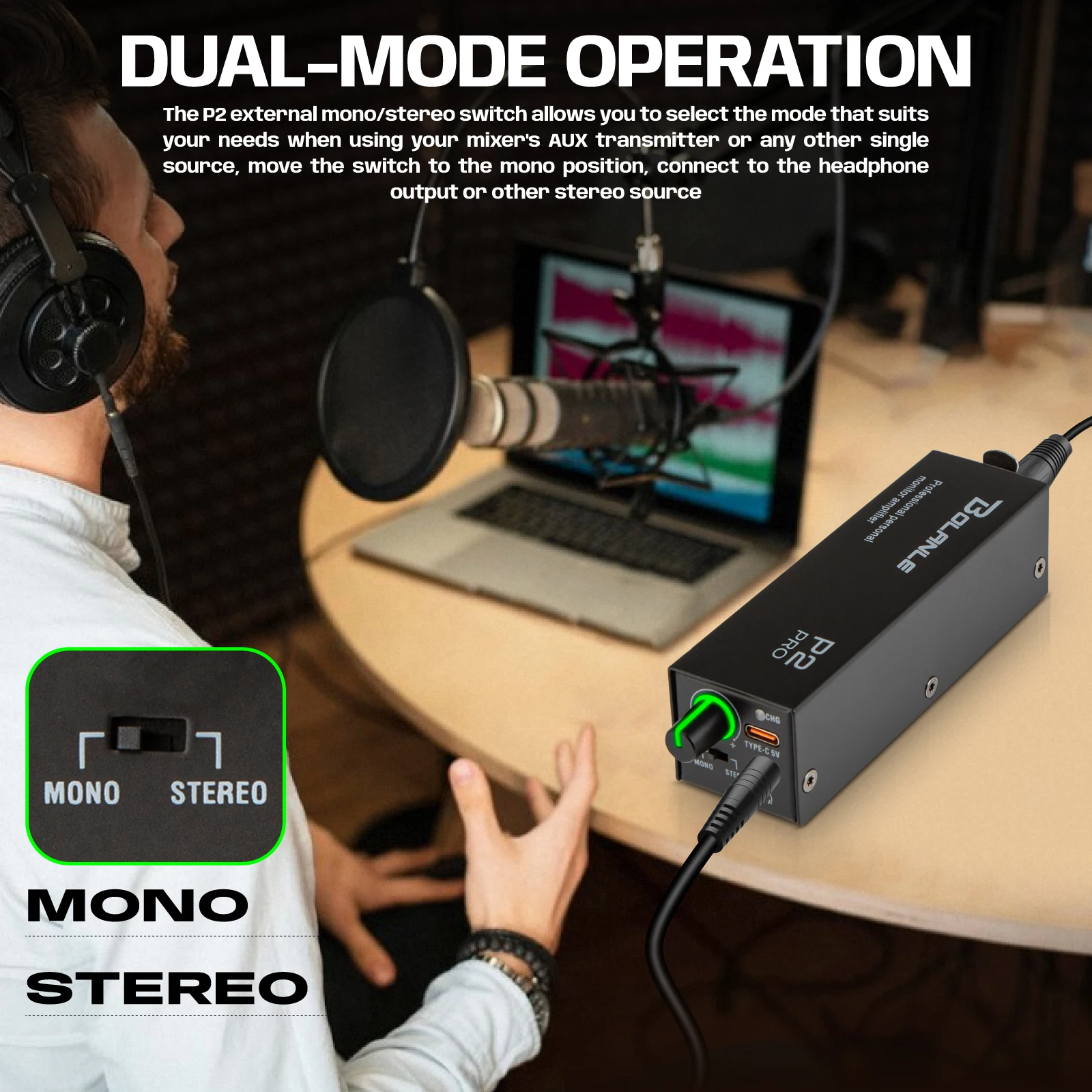 Bolanle P2 PRO IEM Rechargeable USB C Ultra-Compact Personal In-Ear Monitor Amplifier headset