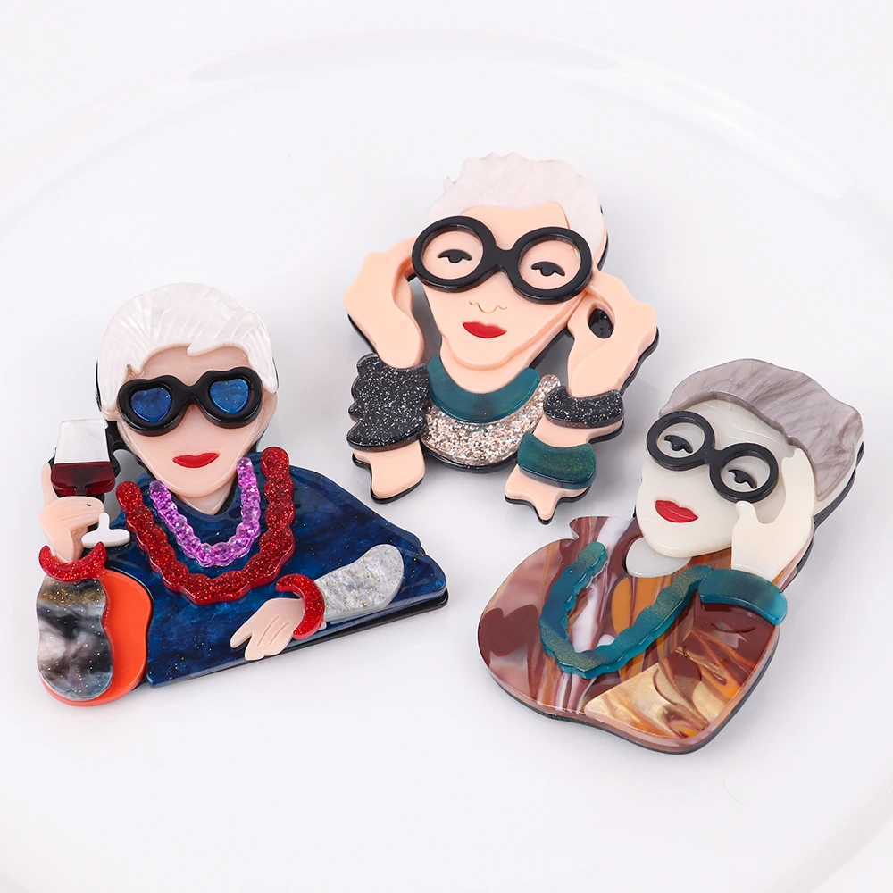 New Cartoon Glasses Grandma Acrylic Brooches for Women's