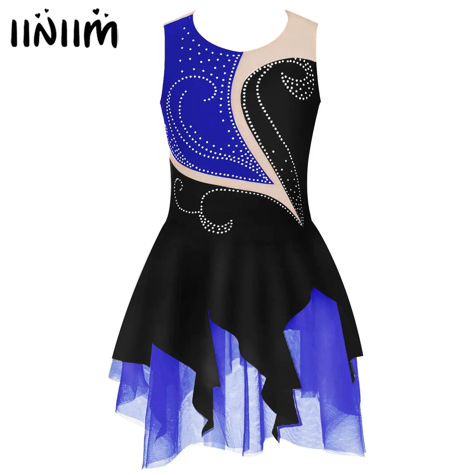 

Kids Girls Rhinestone Sleeveless Ballet Lyrical Dress Irregular Hem Leotard Dress Figure Skating Dance Competition Costume