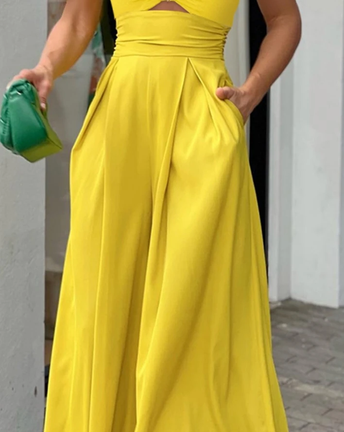 Jumpsuits for Women Pocket Design Casual Spring Fashion Deep V Neck Hollow Sleeveless Elegant Chain Strap Women Elegant Jumpsuit