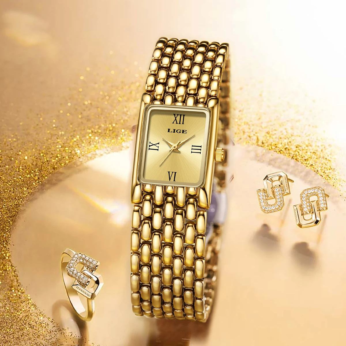 LIGE Gold Watch for Women Square Ladies Quartz Wristwatches Stainless Steel Women Small Gold Watch Luxury Casual Fashion Watch 4