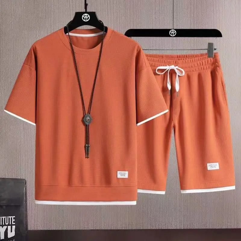 Fitness suit men's ice silk quick drying sportswear set summer short sleeved T-shirt gym running basketball training shorts Set