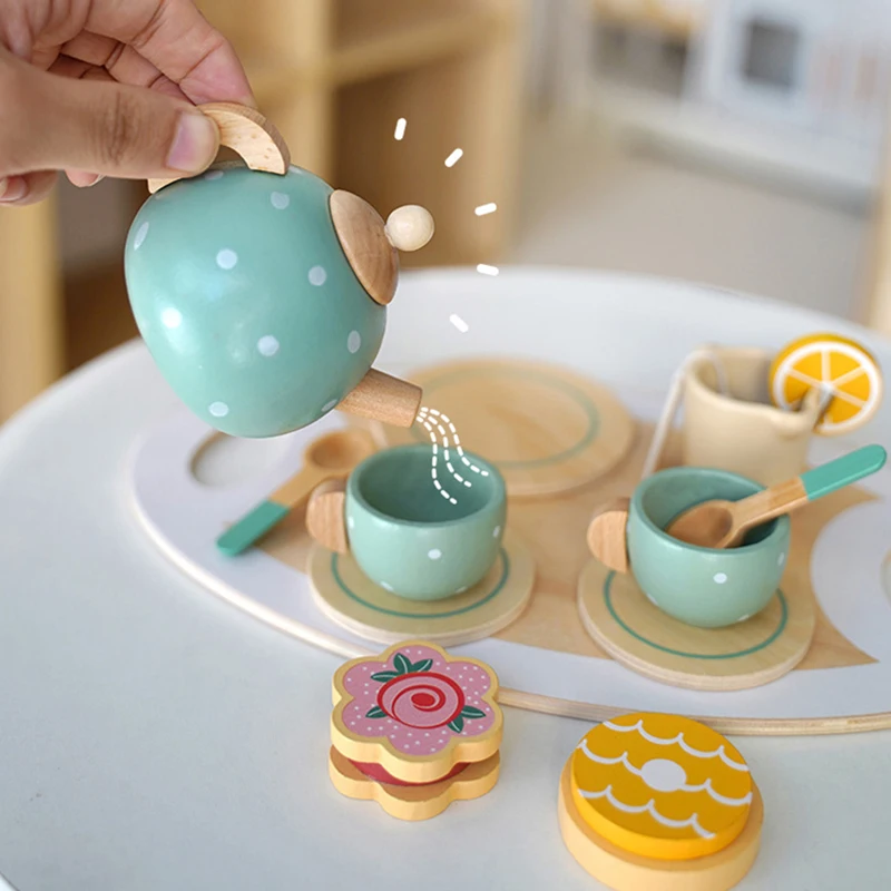 Wooden Afternoon Tea Set Toy Kitchen Accessories Tea Party Food Play Early Educational Toys for Toddlers Girls Boys Kids Gifts 3
