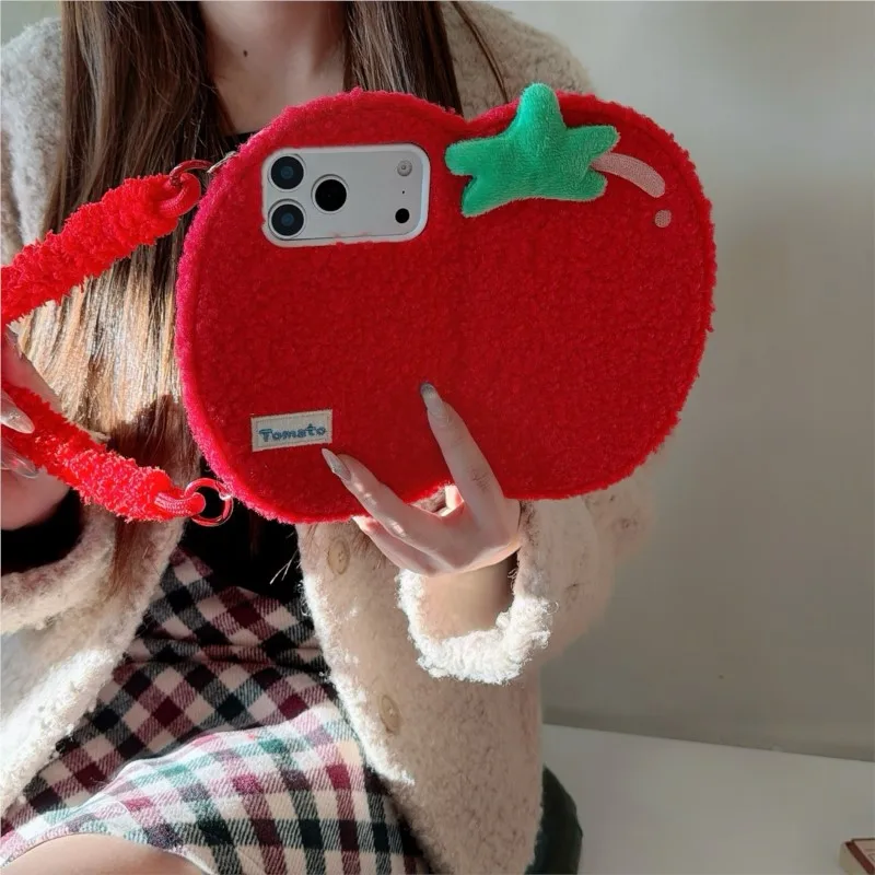 Tomatoes Creative Flip Plush Phone Case with Built-in Mirror