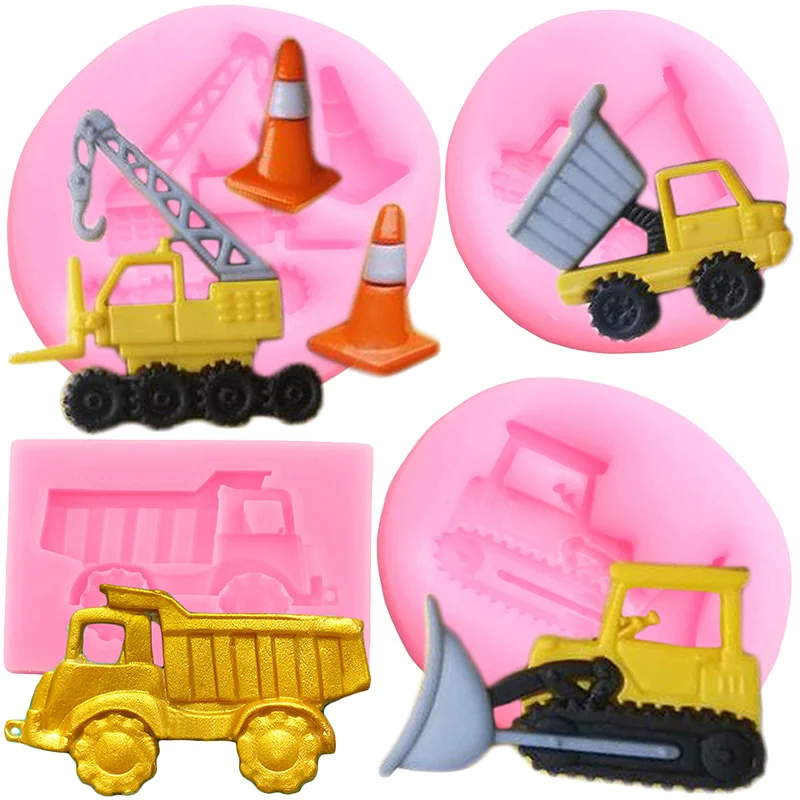 Bulldozer Silicone Molds Crane Construction Truck Excavator Fondant Mold Chocolate Cake Decorating Candy Cupcake Topper Mould