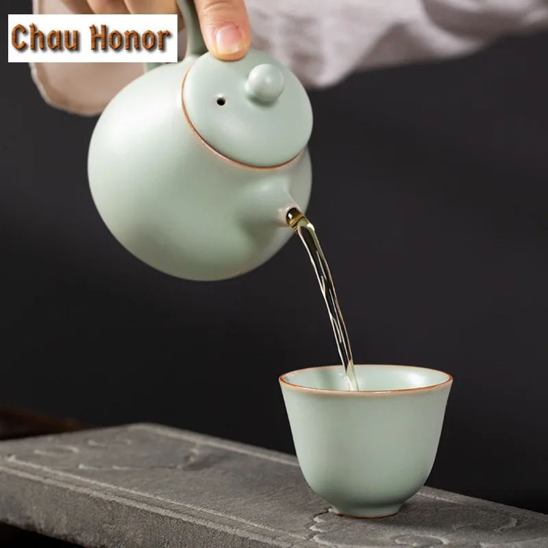 Handmade Ru Kiln Porcelain Pear Shape Tea Set Complete Set Creative Tea Ceremony Set Teapot and Tea Cup Set Tableware Decoration