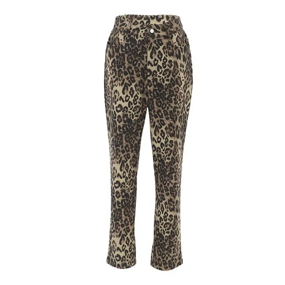 Leopard Print Long Pants Leopard Print Slim Fit Pencil Pants with Pockets for Women Stylish Mid-rise Button Zipper for Ladies