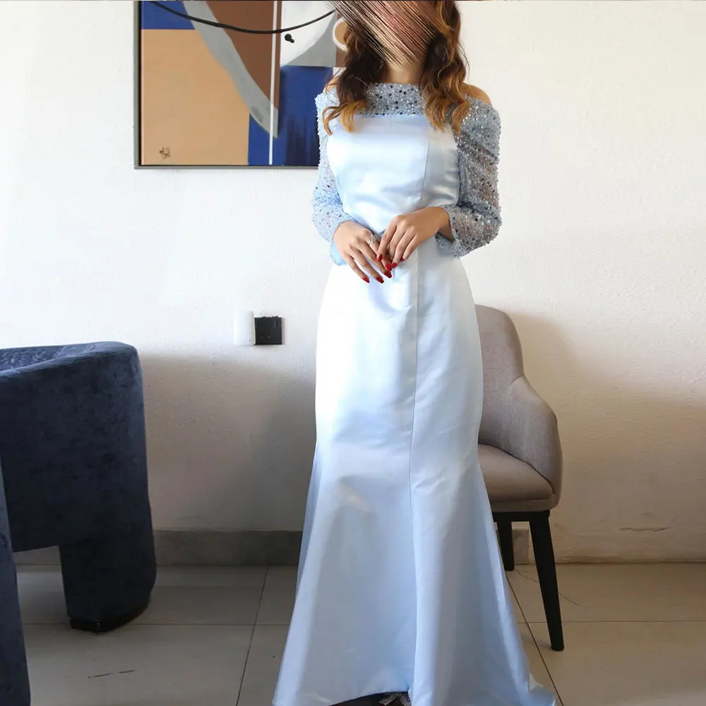 

Mermaid Evening Dress Satin Long Sleeved Off Shoulder Sequins Fashion Party Dresses Saudi Arabian Women's Floor Length Prom Gown