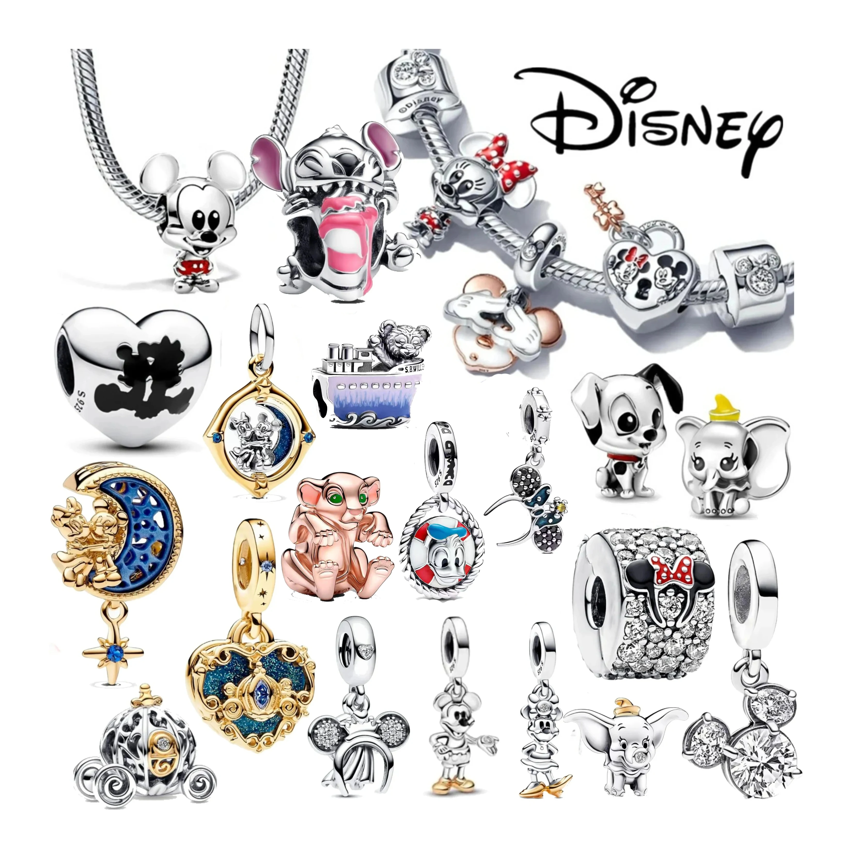 

925Sterling Silver Jewelry HEROCROSS Disney Cinderella Mickey Minnie Stitch Charm Bead Fit Pandora Bracelet Valentine's Day Gift