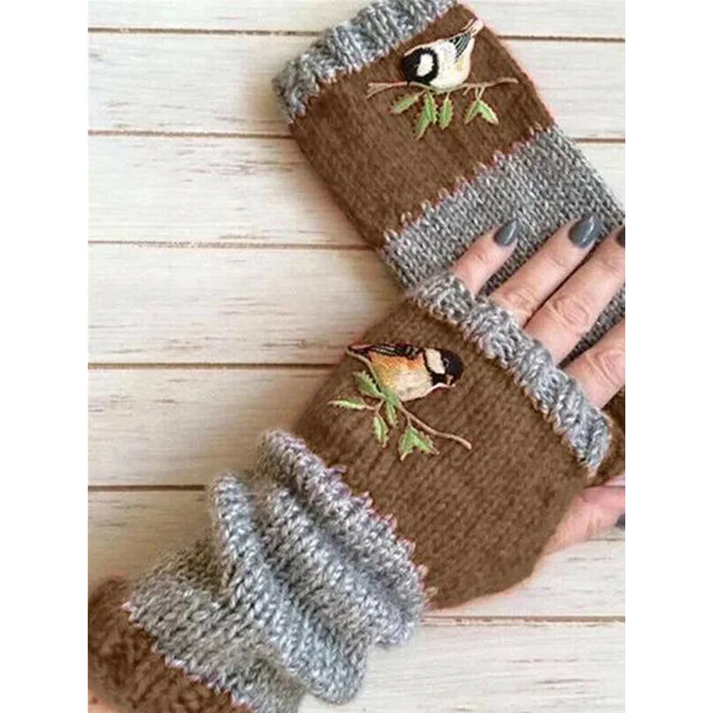 Warm Stitching Embroidered Gloves Cozy Wool Thick Fingerless Winter Gloves Tendonitis Lining Cold Weather Gifts